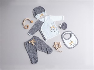 Tiffany Baby Kız Bebek Fiyonklu 5li Hastane Çıkış Seti Ekru/Füme 1402